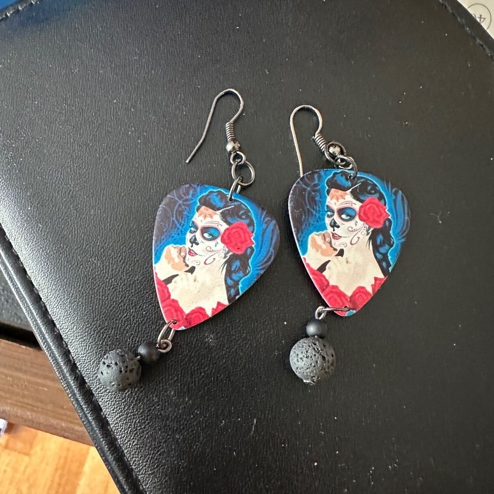 Sugar Skull Woman Guitar Pick Earrings with Black Lava Rock